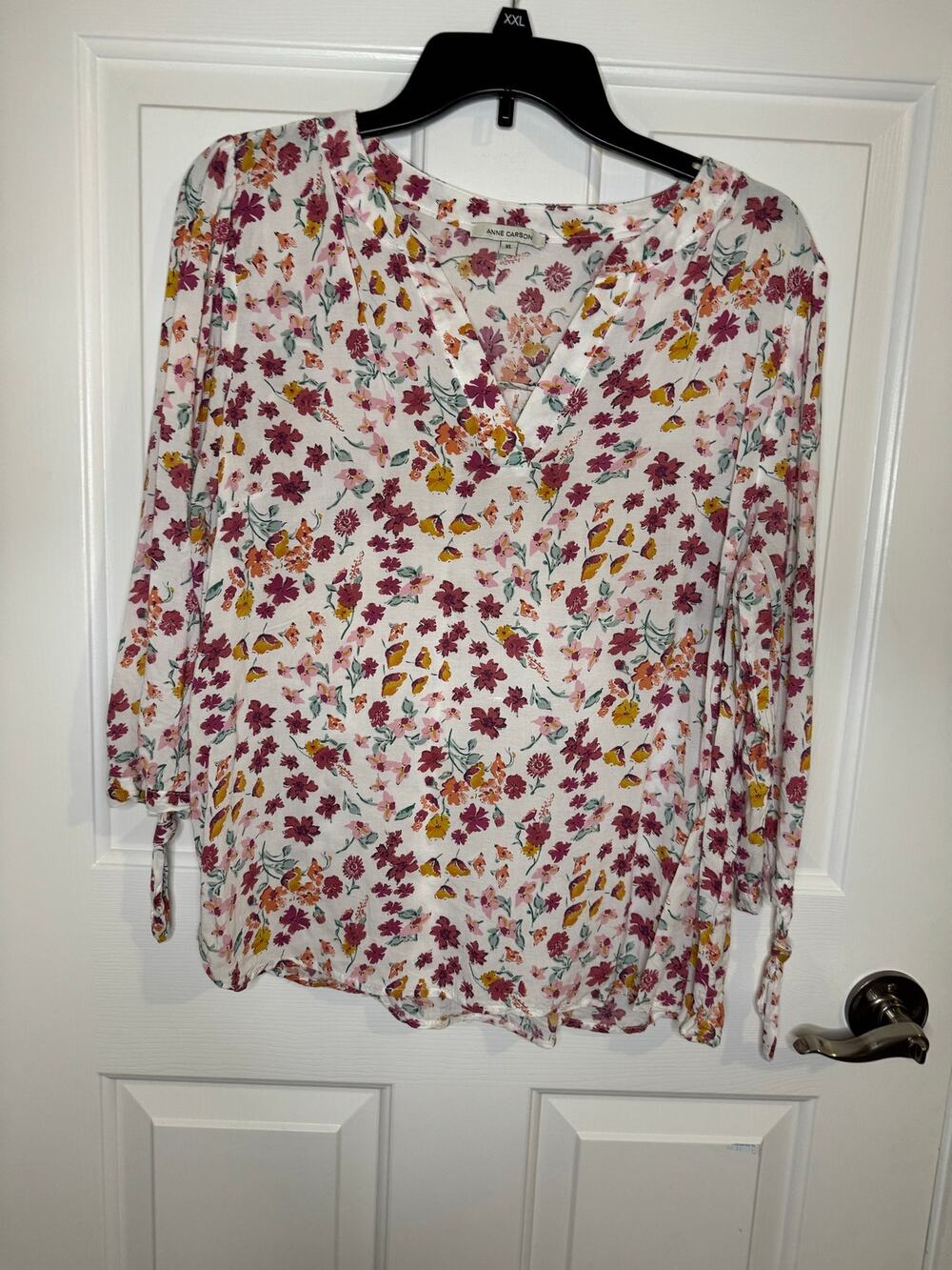 Anne Carson Floral V-neck Blouse 3/4 Sleeves Cuff Ties Cottage White Pink XL